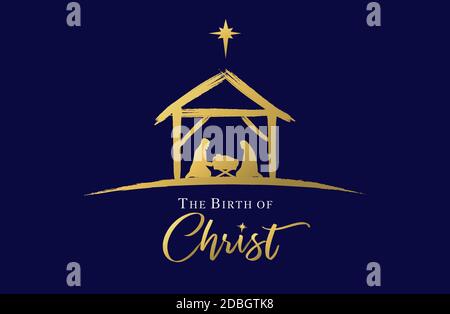 Die Geburt Christi, Jesus in Krippe und Stern. Heilige Familie, Baby Jesus & Stern von Bethlehem, Weihnachten goldene Grafik-Design. Vektorkrippe Stock Vektor