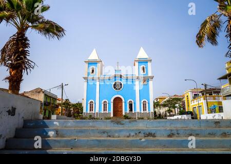 Blaue Kirche in Sao Filipe, Fogo Island, Kap Verde, Afrika Stockfoto