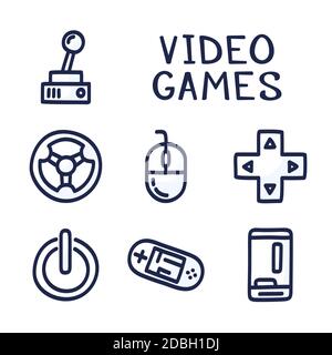 Satz von Doodle Vektor-Symbole im Zusammenhang mit Computerspielen. Joysticks, Gaming-Controller, Computer und Laptop. Elektronische Geräte Stockfoto