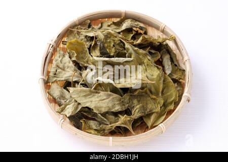 Getrocknete Persimmonblätter, Kräutermedizin in einem Bambuskorb Stockfoto