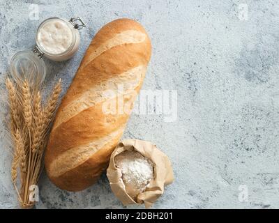 British White Bloomer oder europäischen Sauerteig Baton Laib Brot auf grauem Zement Hintergrund. Frisches Brot und Glas mit Sauerteig Starter, Mehl i Stockfoto