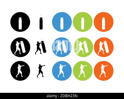 Sportgeräte flache Symbole für Web und mobile eingestellt. Set von Kettlebell und Hanteln Gewichte. Boxsack und Boxer. Fußballspieler tritt den Ball Stock Vektor