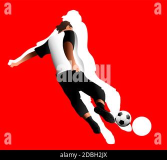 Fußballspieler vor dem Hintergrund des Stadions. Schriftzug Fußball. Fußballspieler in der Kampionschaft. Narr Farbe Vektor-Illustration in flachem Stil Stock Vektor