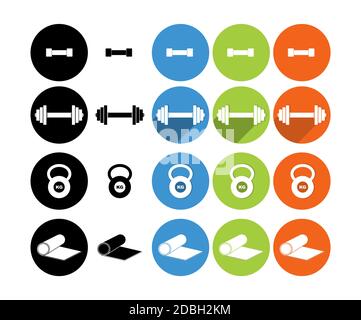 Sportgeräte flache Symbole für Web und mobile eingestellt. Set von Kettlebell und Hanteln Gewichte. Boxsack und Boxer. Fußballspieler tritt den Ball Stock Vektor