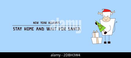 Neujahr 2021. Coronavirus COVID-19. Bleibt zu Hause und wartet auf den Weihnachtsmann. Weihnachtsgeschenke. Weißer Ochse, Stier, Kuh. Horizontales Banner, Poster Stock Vektor