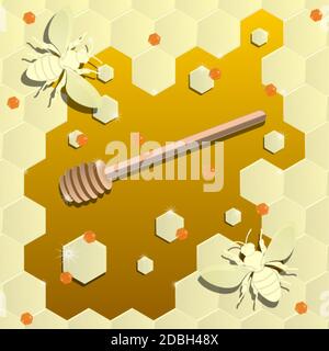 Abbildung mit Honigtaubenmaschine, Honigwabe und Bienen. Vektorgrafik. Stock Vektor