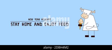 Neujahr 2021. Coronavirus COVID-19. Bleiben Sie zu Hause und genießen Sie das Essen. Essen Sie leckere weihnachtsgerichte. Weißer Ochse, Stier, Kuh. Horizontales Banner, Poster Stock Vektor