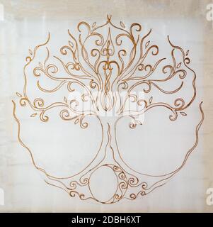 Baum des Lebens Symbol auf strukturierte Zierpflanzen Hintergrund, yggdrasil. Stockfoto