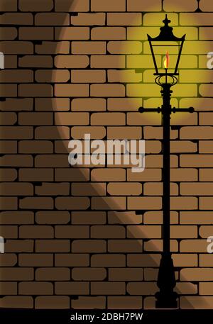 Eine typische alte London Gaslight gegen eine abgenutzte Ziegelwand mit Schatten. Stockfoto