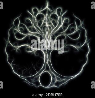 Baum des Lebens Symbol auf strukturierte Zierpflanzen Hintergrund, yggdrasil. Fraktale Wirkung. Stockfoto