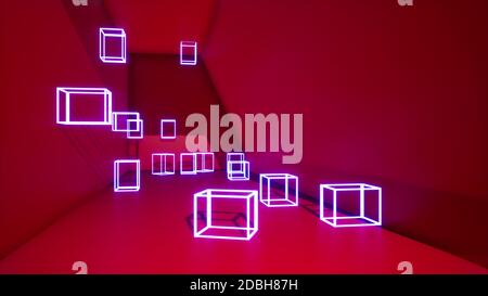 Abstrakter roter Hintergrund mit rosa Neon-Würfeln, 3d-Rendering Stockfoto