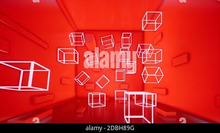 Abstrakter roter Hintergrund mit Neonwürfeln, 3d-Rendering Stockfoto