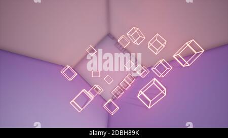 Abstrakter rosafarbener Hintergrund mit Neon-Quadraten, 3d-Rendering Stockfoto