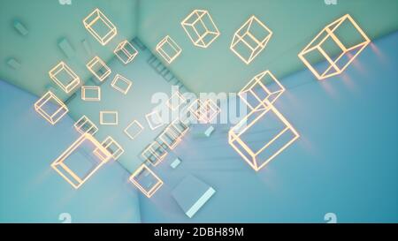 Abstrakter blauer geometrischer Hintergrund mit Neonwürfeln, 3d-Rendering Stockfoto