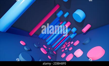 Abstraktes blaues Hintergrunddesign mit bunten Pfeifen, 3d-Rendering Stockfoto