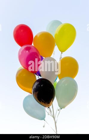 Bunter Haufen von Helium Ballons auf Hintergrund isoliert Stockfoto