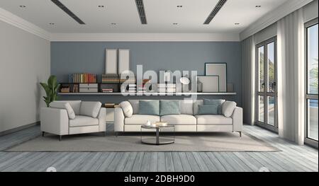 Modernes Wohnzimmer in Weiß und Blau mit Sofa, Sessel und Sideboard auf Hintergrund - 3d-Rendering Stockfoto