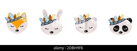 Cute Baumschule boho Waldtiere Sammlung mit Fuchs, Kaninchen, Bär und Panda Hand in skandinavischen Stil isoliert auf weißem Hintergrund Vektor il gezeichnet Stock Vektor