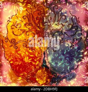 Baum des Lebens Symbol auf strukturierte Zierpflanzen Hintergrund, yggdrasil. Stockfoto