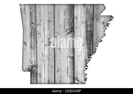 Karte von Arkansas auf verwittertes Holz Stockfoto