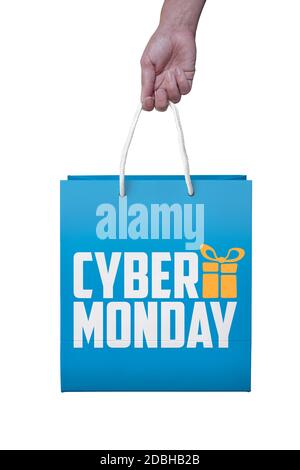 Shopper mit Cyber Monday paperbag, PC-Maus, Laptop. ticket label Verkauf Tag - Online shopping Konzept Stockfoto