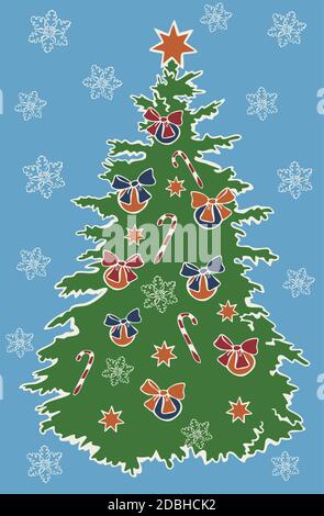 Vektor-Illustration Postkarte Design Weihnachtsbaum mit Weihnachtsschmuck und Süßigkeiten auf blauem Hintergrund. Weihnachtskarte im Retro-Vintage-Stil, Neujahr. Stock Vektor