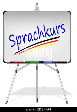 Whiteboard mit Sprachkurs - in deutscher Sprache - 3D-Illustration Stockfoto