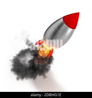 Vintage Rakete beim Start, Rauch und Flammen auf weißem Hintergrund. Niemand da. 3d-Rendering. Konzept von Beginn, Erfolg, Bestrebungen. Stockfoto