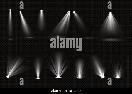 Lichtstrahlen von Strahlern und Bodenprojektoren isoliert auf transparentem Hintergrund. Vector realistische Satz von hellen weißen Strahlen für Beleuchtung Show, Konzert, Theaterbühne oder Podium Stock Vektor