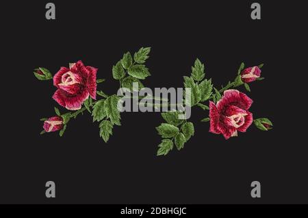 3D-Muster für Stickerei Dekoration Rand von Zweigen mit rot-rosa rosen, Knospen mit Blättern auf schwarzem Hintergrund Stockfoto