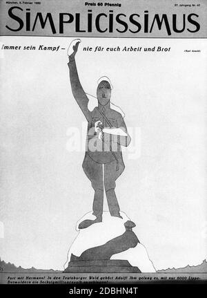 Gedruckt vor seiner Ernennung zum Reichskanzler, wurde diese Ausgabe von Simplicissimus kurz nach Hitlers Wahl veröffentlicht. Es war die letzte Hitler-Karikatur, die in Simplicissimus veröffentlicht wurde. Stockfoto