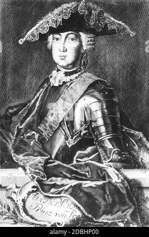 Porträt des Prinzen August Wilhelm von Preußen (1722-1758). Er war der Bruder Friedrichs des Großen und nahm als General am Siebenjährigen Krieg Teil. Er war mit Luise Amalie verheiratet. Stockfoto