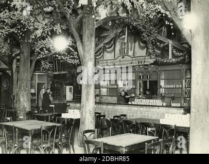 'Das Bild zeigt das Bierhaus 'Neue Welt' in Berlin-Neukölln im Jahr 1930. Über der Bar hängt ein Toast: 'Trinke, damit deine Nase leuchtet, hell wie ein Karbunkel, dass du ein Licht in der Dunkelheit des Daseins hast, / solange wir Schnaps und Bier mögen, kann der Arzt lecken ...'''. Stockfoto