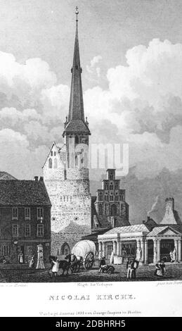 Diese Reproduktion von 1832 nach einem Gemälde von Johann Heinrich Hintze von 1827 zeigt die Nikolaikirche im Nikolaiviertel in Berlin-Mitte. Stockfoto