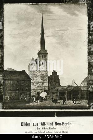 Dieses Gemälde von Johann Heinrich Hintze aus dem Jahr 1827 zeigt die St. Nikolai-Kirche im Nikolaiviertel in Berlin-Mitte. Stockfoto