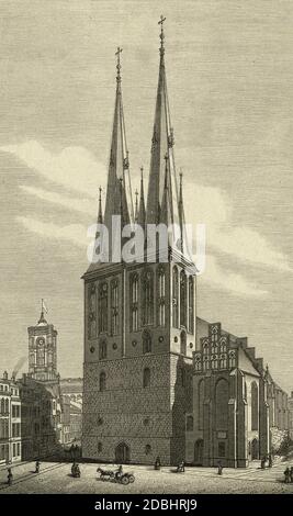 'Dieser um 1880 gefertigte Stich zeigt die Nikolaikirche nach ihrer Rekonstruktion mit einem Doppelturm im Nikolaiviertel in Berlin-Mitte. Links dahinter der Turm des Roten Rathauses.' Stockfoto