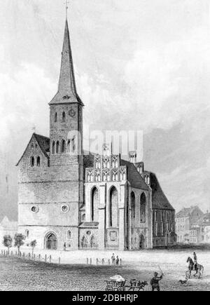 Der Stich zeigt die Nikolaikirche im Nikolaiviertel in Berlin-Mitte. Undatierte Gravur, vermutlich um 1800. Stockfoto