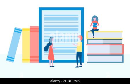 Online-Bibliothek, E-Books, digitaler Buchladen, E-Reading, Online-Lernen, Bildungskonzept. Leute Gruppe Bücher lesen, Vektor-Illustration in der Wohnung Stock Vektor