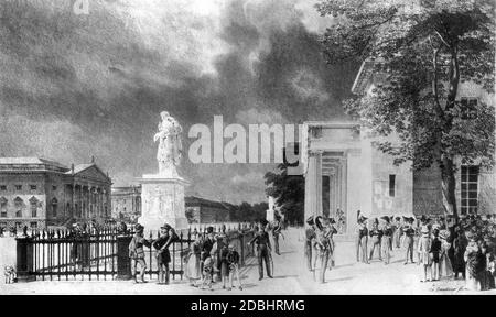 Dieses Gemälde von Eduard Gaertner zeigt die Straße unter den Linden in Berlin. Rechts die Neue Wache mit der Scharnhorst-Statue, links die Staatsoper. Undatierte Malerei, erstellt um 1840. Stockfoto