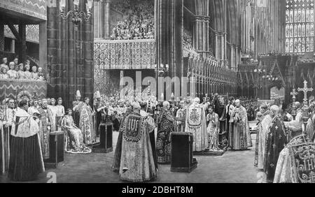 König George VI. Während seiner Krönungszeremonie in der Londoner Westminster Abbey. In der Box links sitzen die Prinzessinnen Elizabeth und Margaret Rose neben ihrer Großmutter Mary. (Nach einer Zeichnung von Fortuno Matania, Fotografie Kosmos, London) Stockfoto