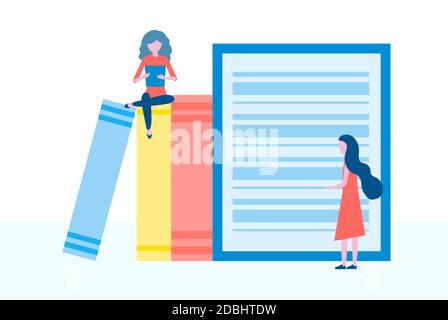 Online-Bibliothek, E-Books, digitaler Buchladen, E-Reading, Online-Lernen, Bildungskonzept. Leute Gruppe Bücher lesen, Vektor-Illustration in der Wohnung Stock Vektor