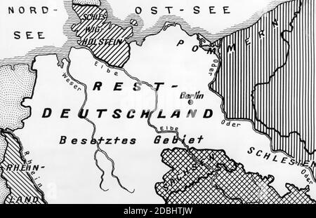 "Eine Karte, die in verschiedenen englischen Tageszeitungen (einschließlich des 'Daily Herald') gedruckt wurde, zeigt eine mögliche Teilung Deutschlands nach dem Ende des Zweiten Weltkriegs." Stockfoto