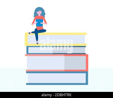 Frau liest Buch. Flaches Design Konzept von Bildung, Ausbildung, Kurse, Lernen, Bibliothek, Buchhandlung. Vektorgrafik. Stock Vektor