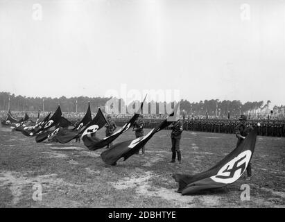 Männer des Reichsarbeitsdienstes, die während des NSDAP-Kongresses in Nürnberg an der Parade auf dem Zeppelinfeld teilnahmen, winken Hakenkreuzfahnen. Stockfoto