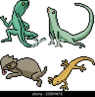 Pixel Art Set isolierte Reptilieneidechse Stock Vektor