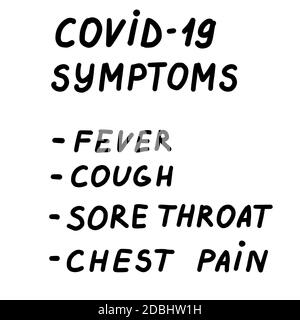 COVID-19-Symptome. Healthcare und Medizin Schriftzug. Signal des Coronavirus. Husten, Fieber, Halsschmerzen, Brustschmerzen. Vektor eps handgeschriebener Pinsel Stock Vektor