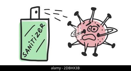 Verwenden Sie ein Händedesinfektionsmittel. Handgezeichnete Linien Cartoon-Symbol. Coronavirus, covid-19 Schutzkonzept. Antiseptisch, antibakteriell verhindert Infektion mit Virus Stock Vektor