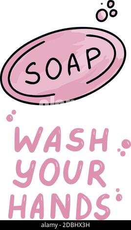 Waschen Sie sich die Hände. Icons trendige Farbe Kritzeleien isoliert auf einem weißen Hintergrund, Schriftzug, Kalligraphie, rosa Text. Schutz vor Coronavirus. Vektor Stock Vektor