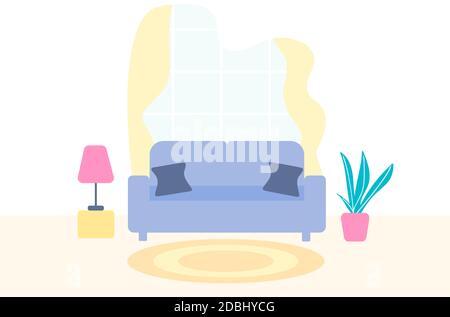 Der Innenraum des Wohnzimmers. Sofa, Lampe, Teppich, Zimmerpflanzen, Fenster, Vorhänge. Vektorgrafik in flacher Ausführung. Stock Vektor