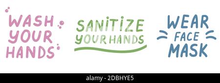 Tragen Sie eine Gesichtsmaske. Waschen Sie sich die Hände. Desinfizieren Sie Ihre Hände. Icons trendige Farbe Kritzeleien isoliert auf einem weißen Hintergrund, Schriftzug, Kalligraphie, Text Stock Vektor
